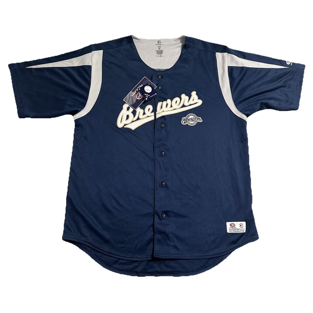 True Fan Milwaukee Brewers Jersey Men's Size L Navy Blue Blank MLB Baseball